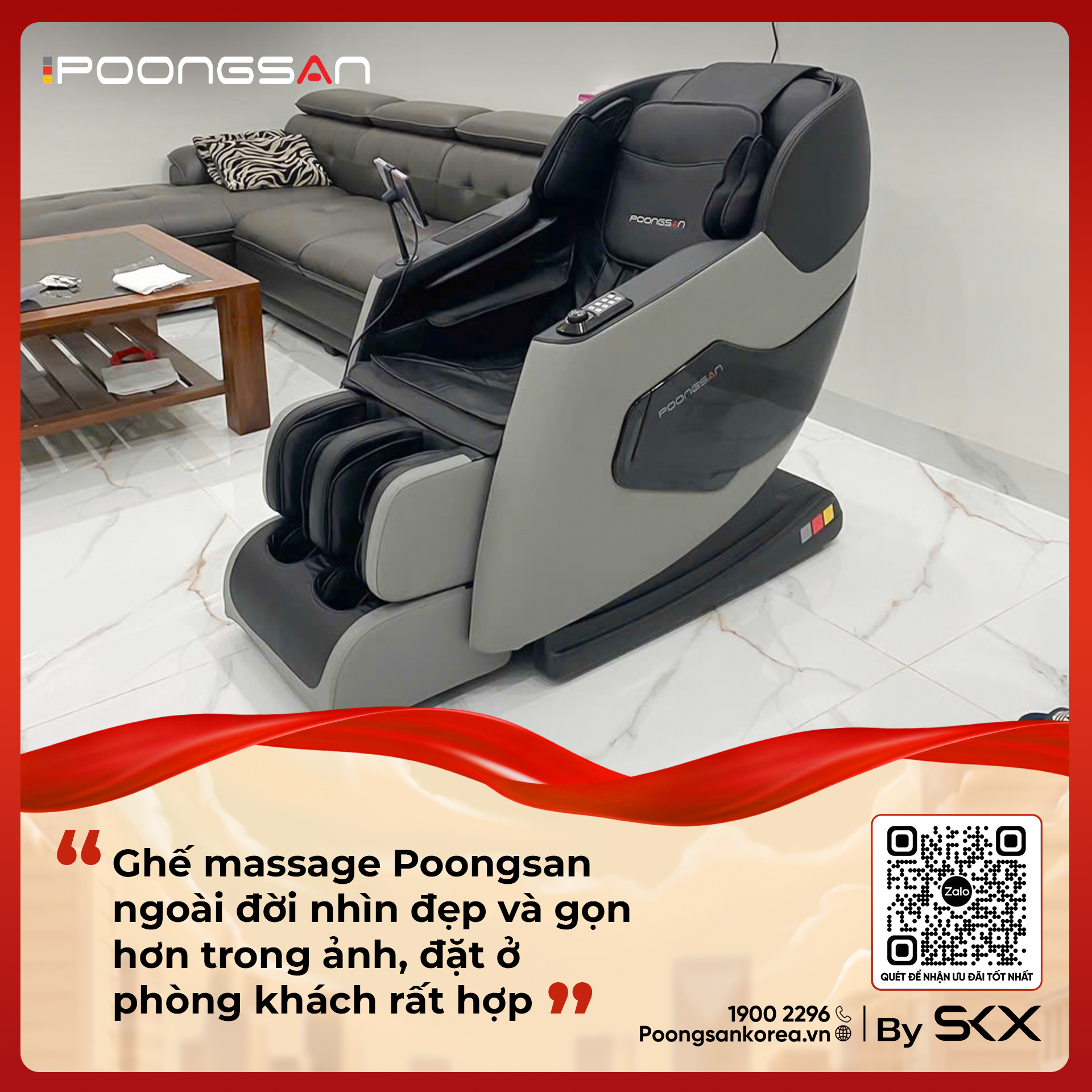 Ghế massage Poongsan bố trí trong phòng khách