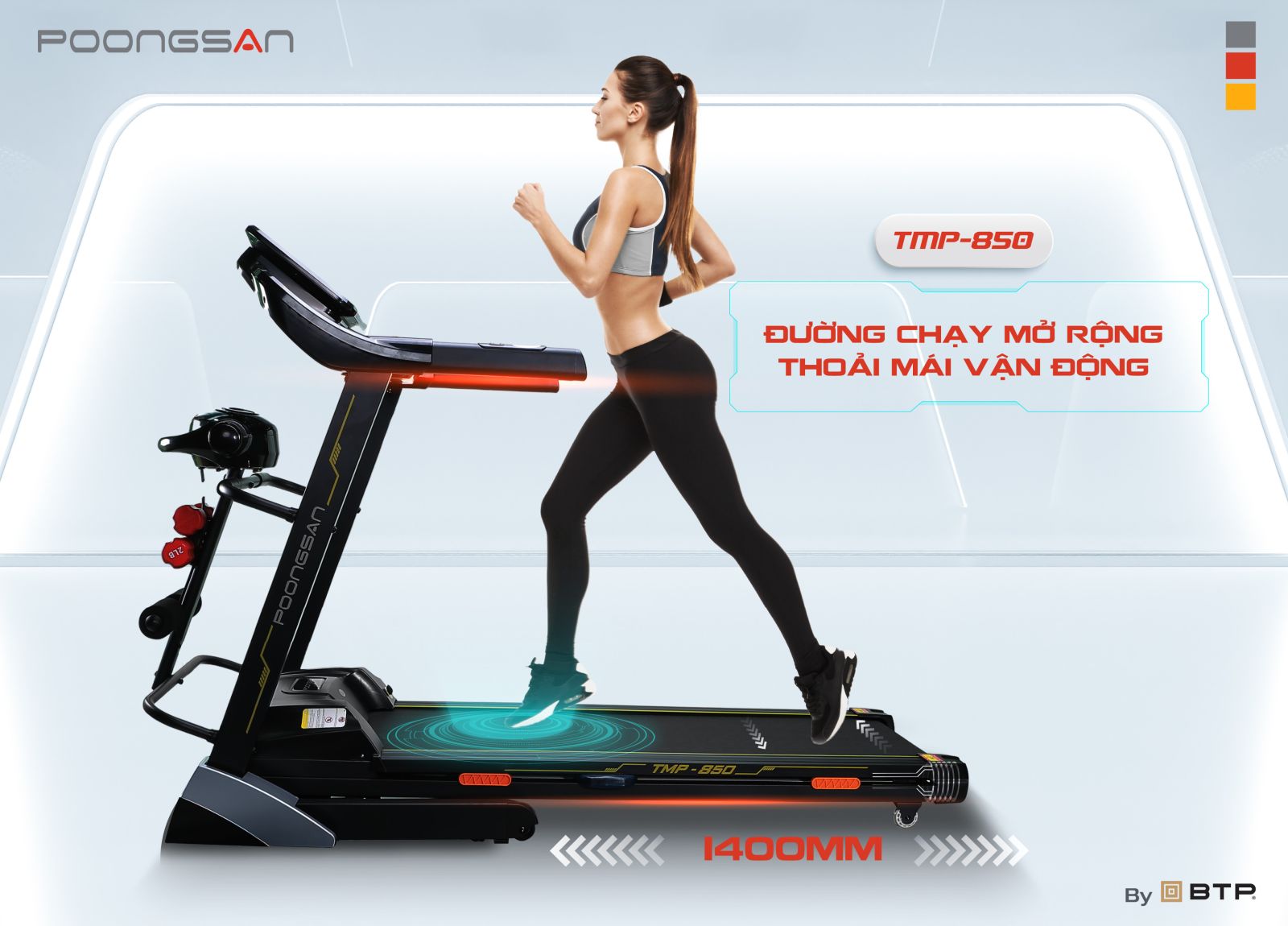Kích thước đường chạy rộng rãi 1400x450mm giúp bạn thoải mái chạy, vận động - TMP-850
