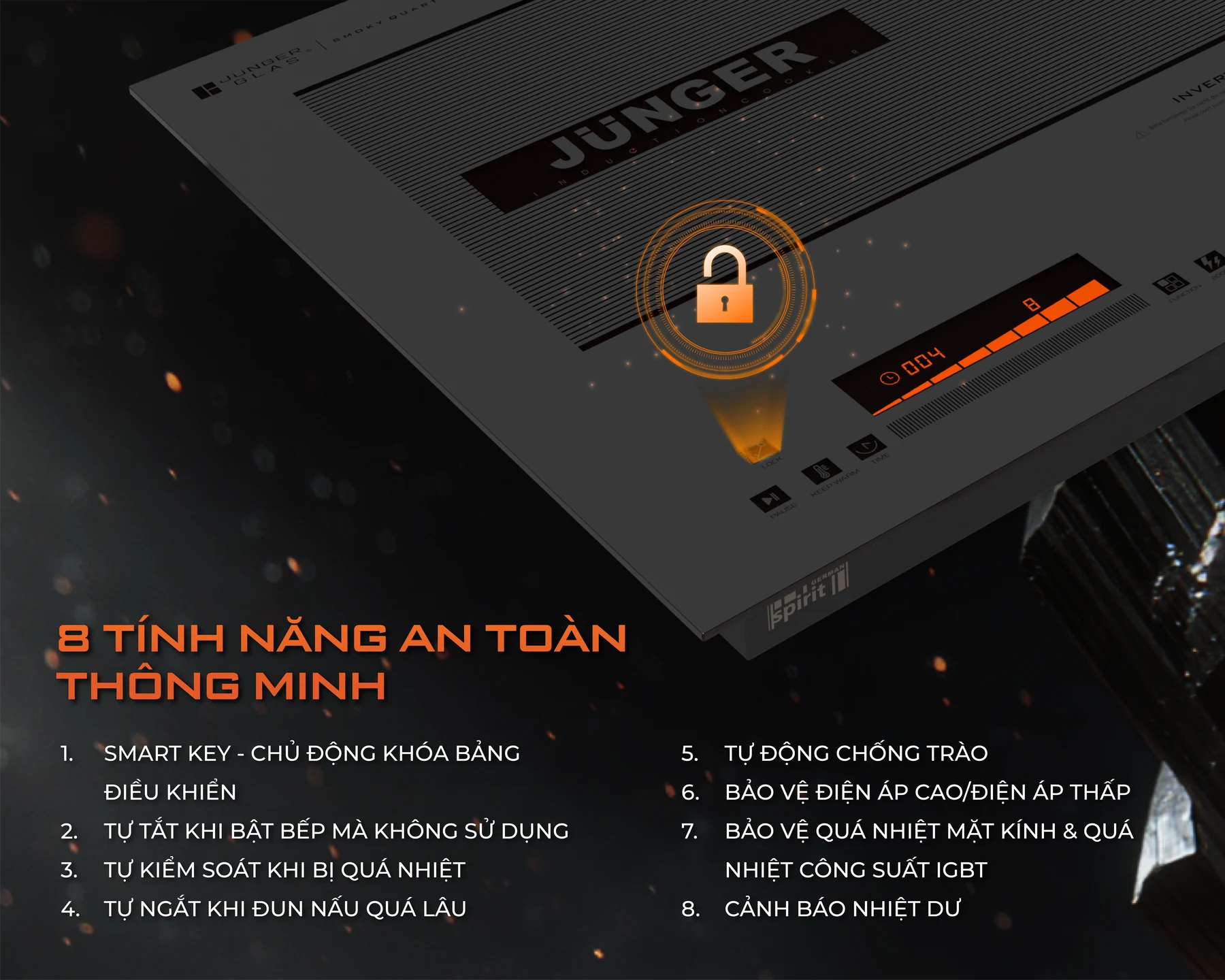 Bếp từ đôi Junger CEJ-221-INVERTER - tám tính năng an toàn