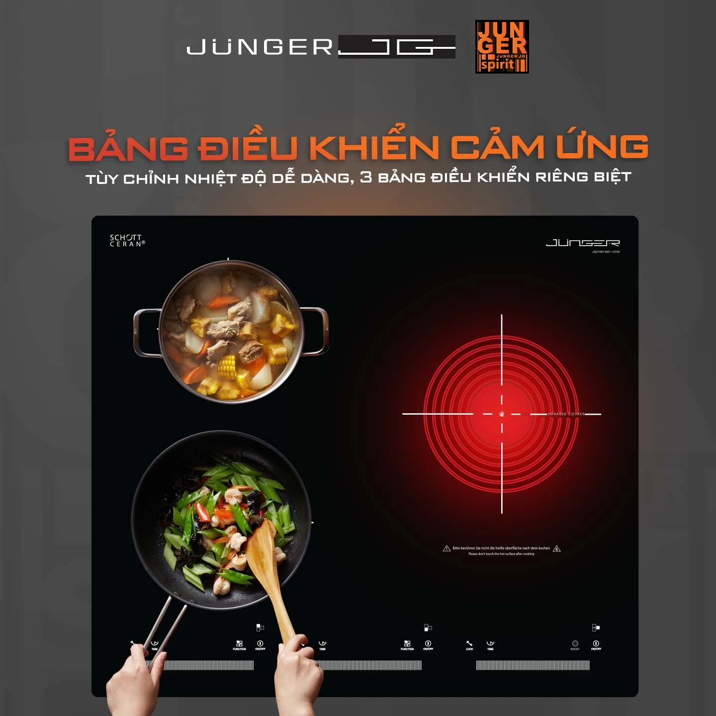 Bếp từ hồng ngoại 3 vùng nấu Junger JG CEJ-300-IIF - mặt kính schott ceran