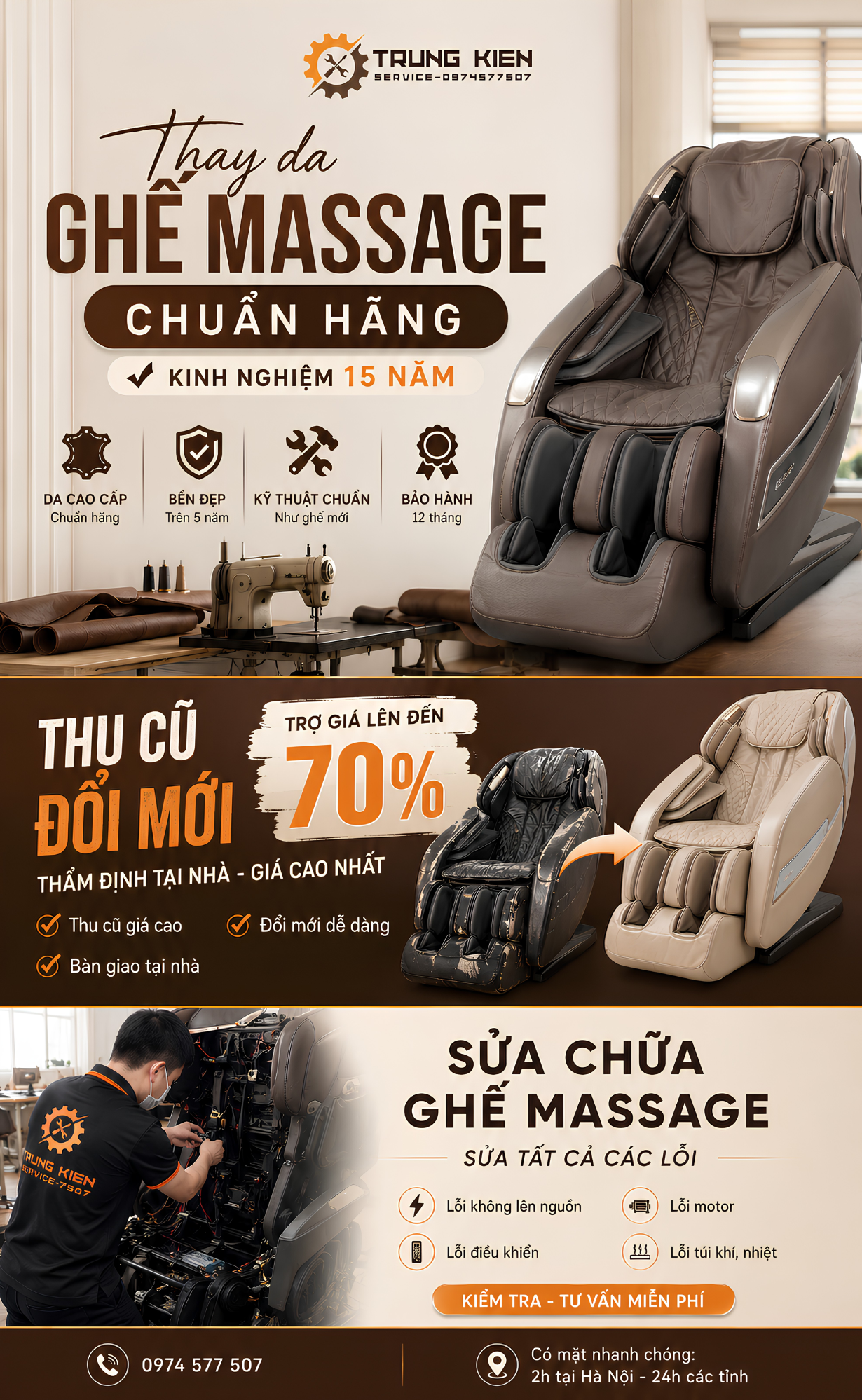 Kỹ thuật viên Trung Kiên Service sửa chữa ghế massage